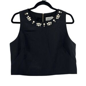 ELIZA J Women Black Crop Top Elegant Pearl Embellishments Sleeveless Size 10